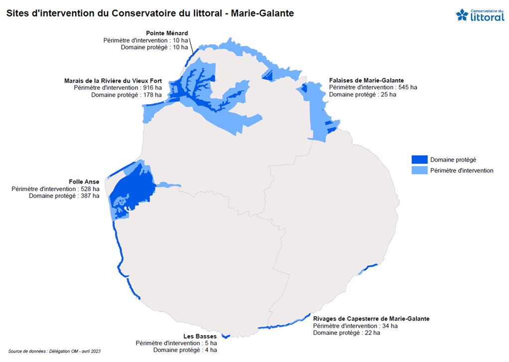 Carte des sites d'intervention du Conservatoire du Littoral à Marie-Galante — Folle Anse, Marais de la Rivière du Vieux Fort, Pointe Ménard, Falaises, Les Basses, Rivages de Capesterre